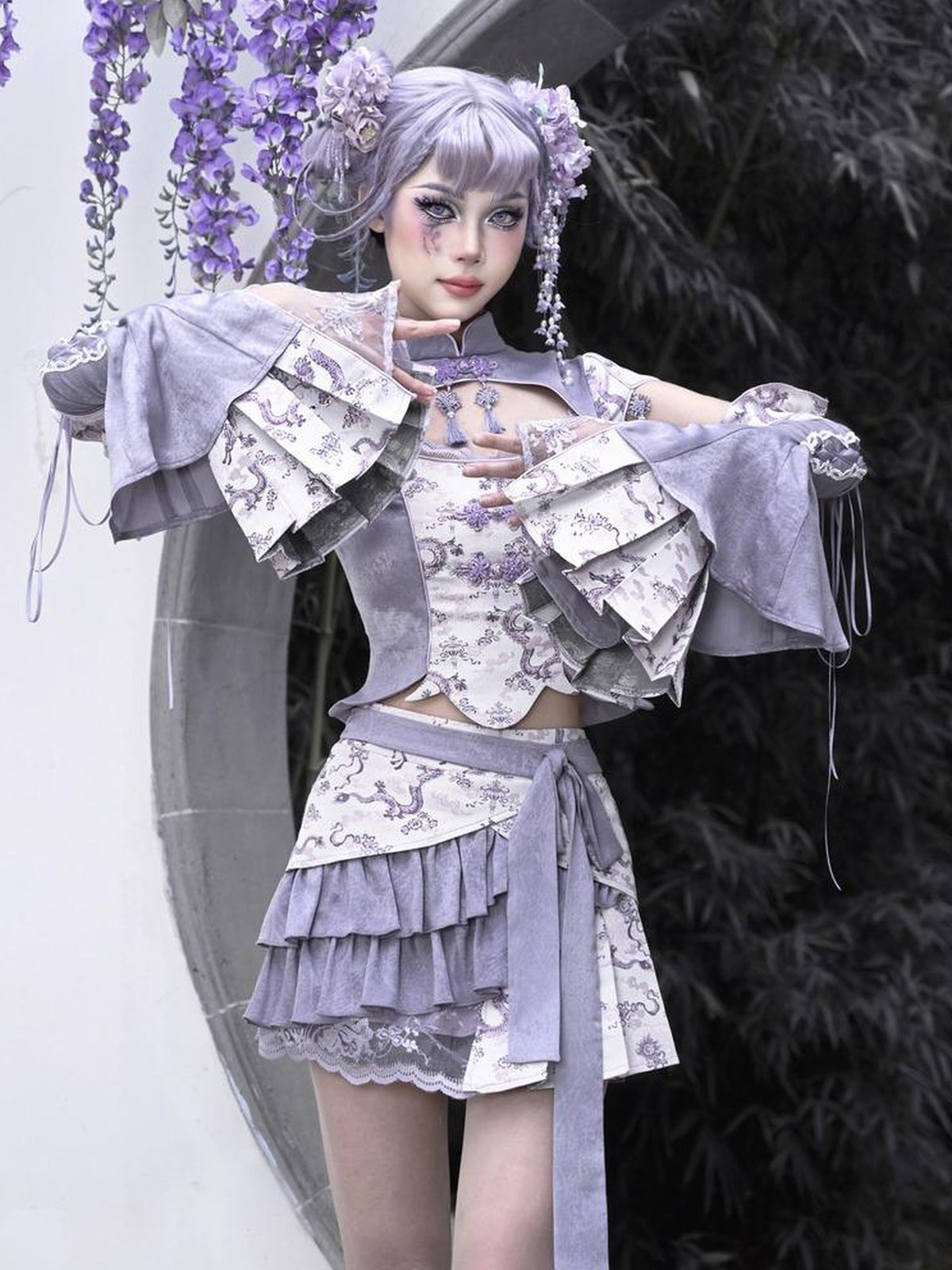 BLOOD SUPPLY Dragon Jacquard Lotus Sleeve Chinese Style Women's Polyester Short Sleeve T-shirts