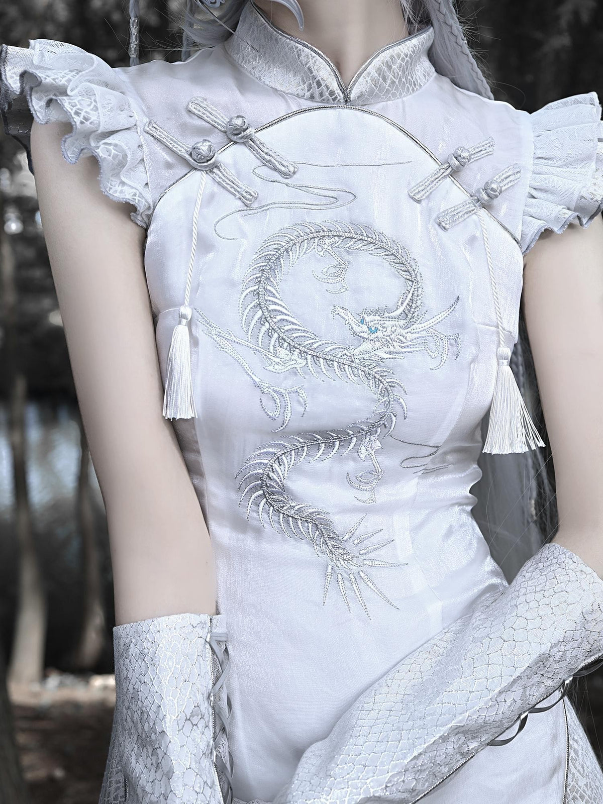 BLOOD SUPPLY Dragon Scale Embroidered New Chinese Style Slit Qipao Women's Polyester Casual Midi Dresses