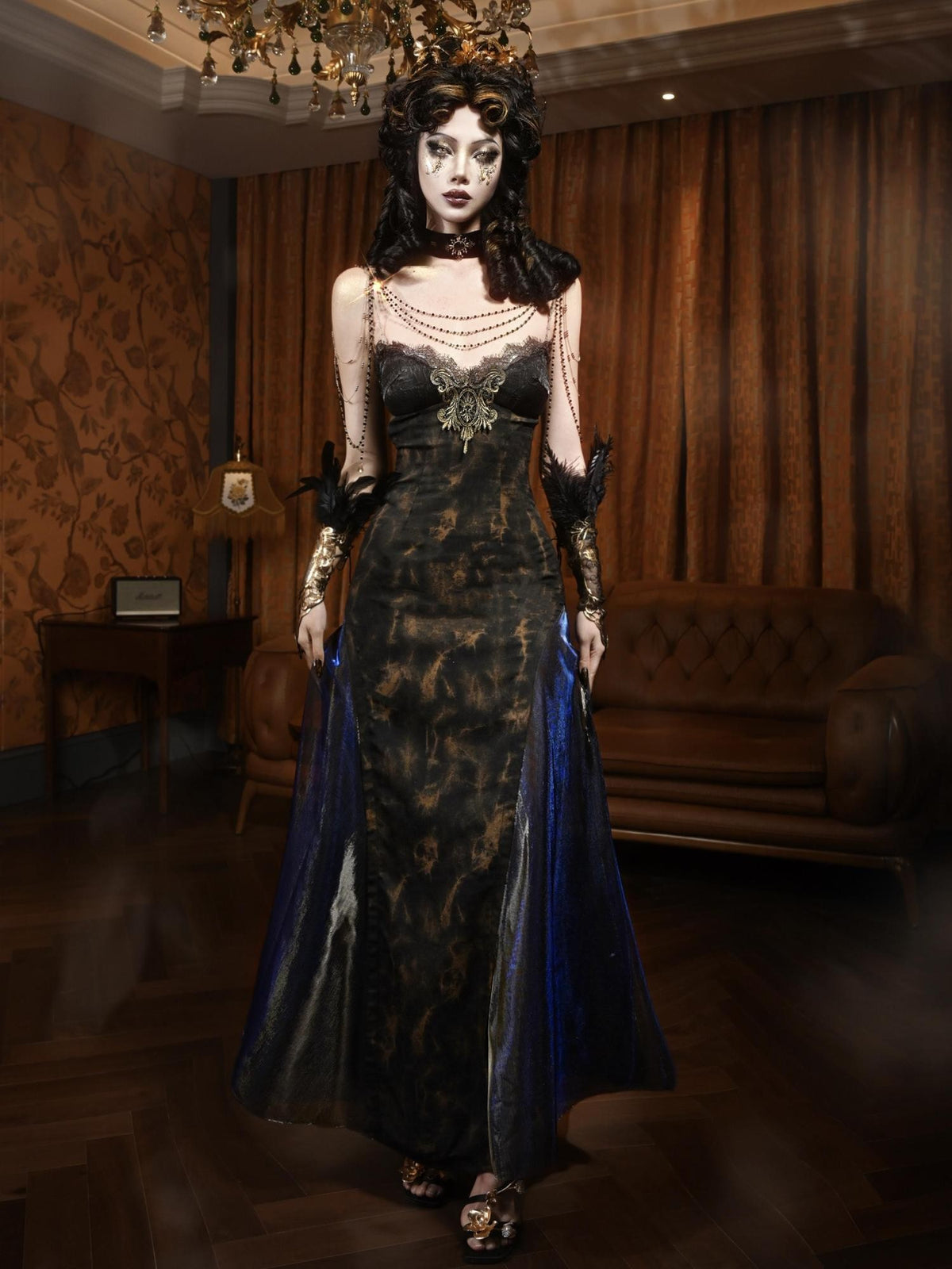 BLOOD SUPPLY Gilded Classical Style Women's Polyester Slip Maxi Dresses