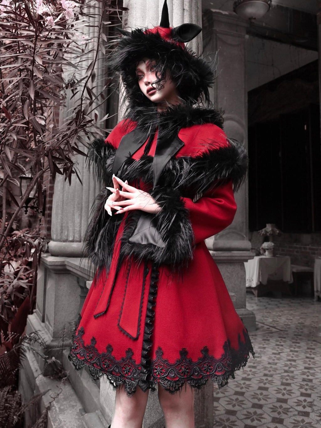 BLOOD SUPPLY Gothic Batwing Collar Hooded Slim Fit Polyester Women's Long Coats