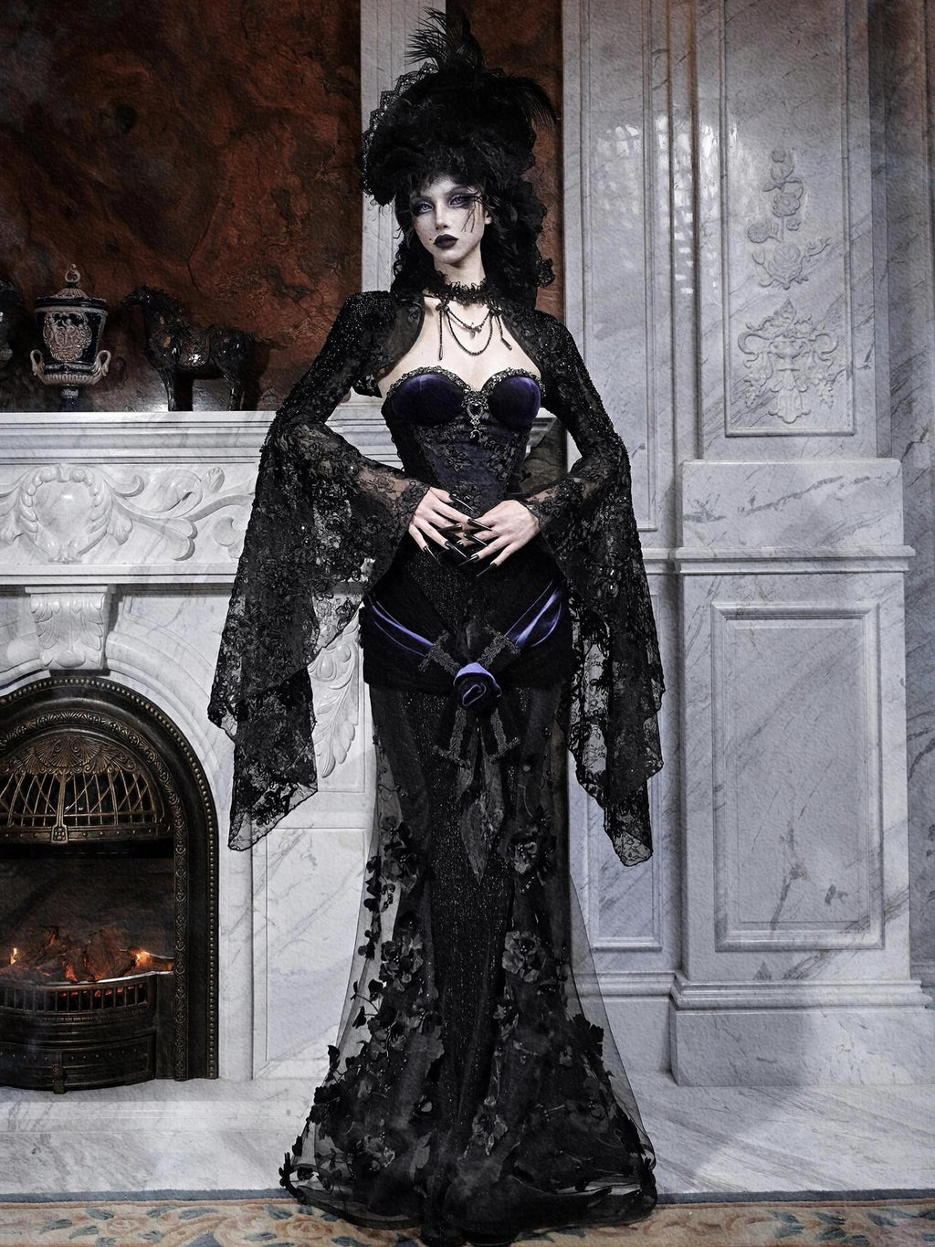 BLOOD SUPPLY Gothic Beaded Embroidered Mermaid Women's Polyester Maxi Skirts