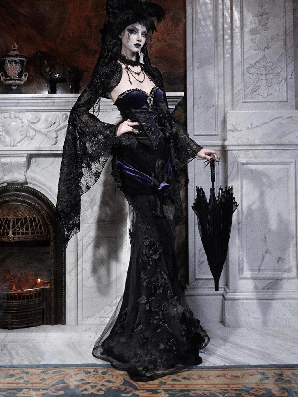 BLOOD SUPPLY Gothic Beaded Embroidered Mermaid Women's Polyester Maxi Skirts