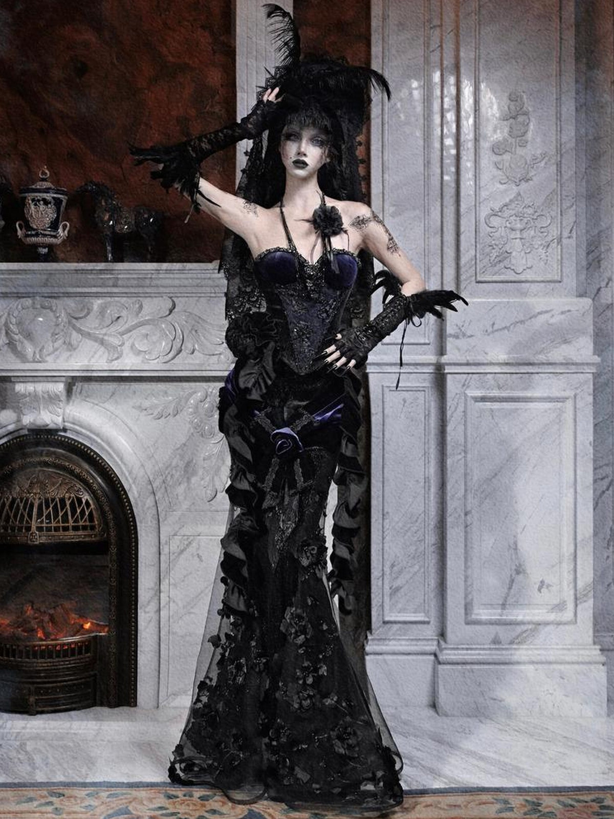 BLOOD SUPPLY Gothic Beaded Embroidered Mermaid Women's Polyester Maxi Skirts