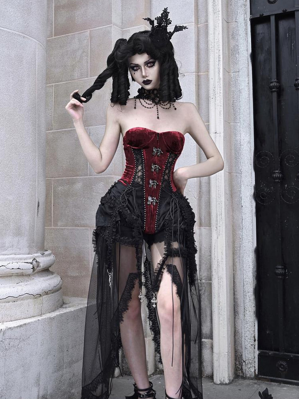 BLOOD SUPPLY Gothic Black Red Corset Lace Up Birdcage Women's Polyester Strapless Mini Dresses