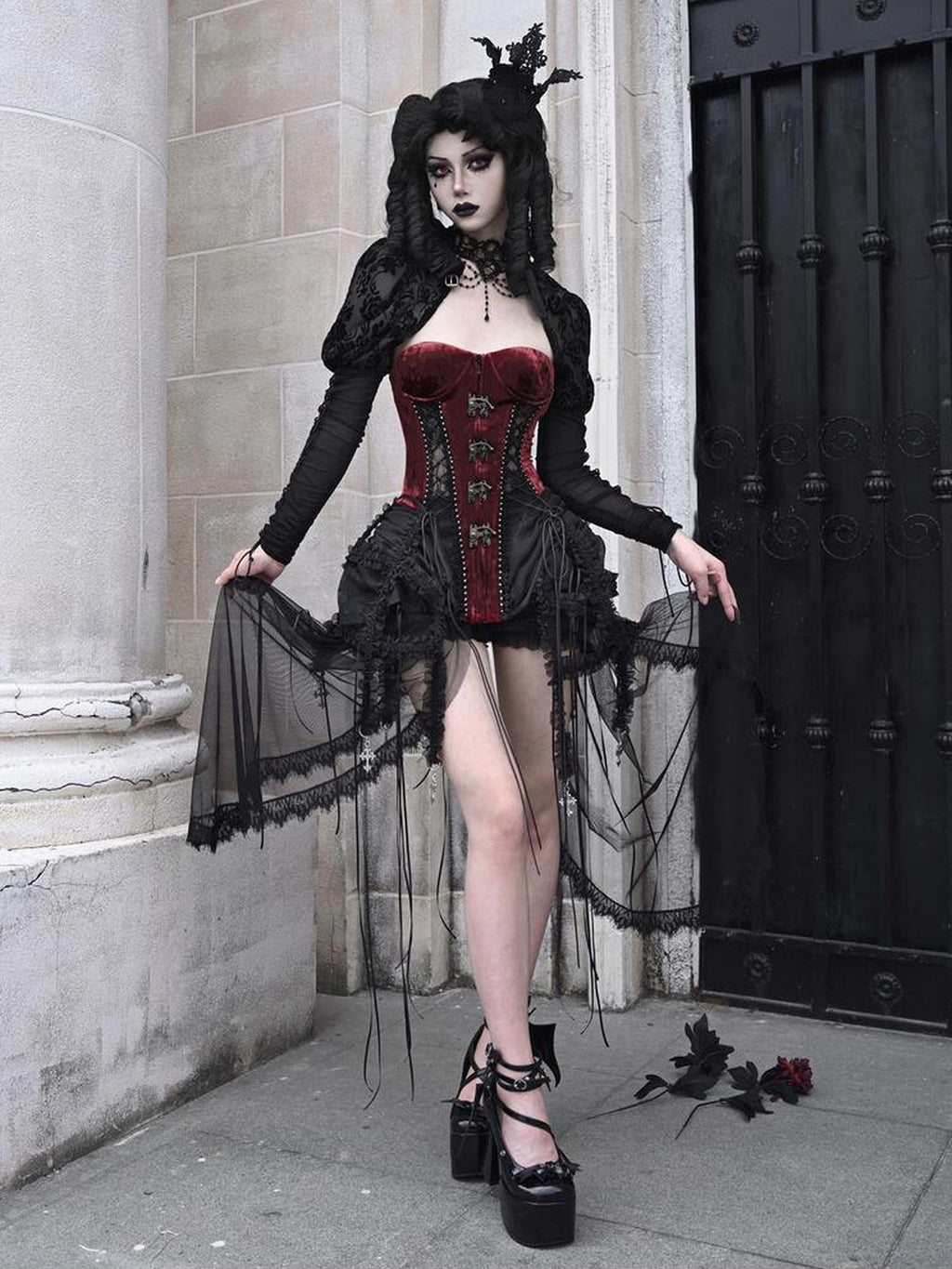 BLOOD SUPPLY Gothic Black Red Corset Lace Up Birdcage Women's Polyester Strapless Mini Dresses