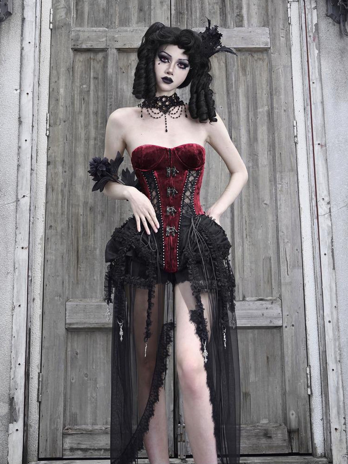 BLOOD SUPPLY Gothic Black Red Corset Lace Up Birdcage Women's Polyester Strapless Mini Dresses