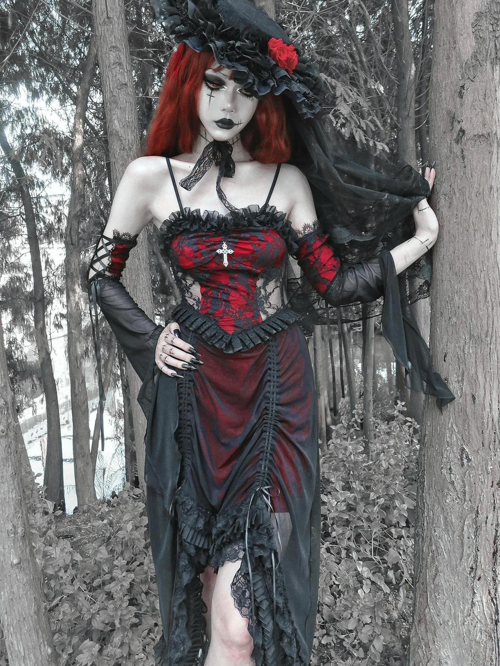 BLOOD SUPPLY Gothic Black Red Drawstring Ruffled V-neck Women's Polyester Slip Midi Dresses