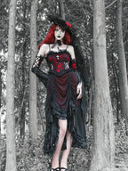BLOOD SUPPLY Gothic Black Red Drawstring Ruffled V-neck Women's Polyester Slip Midi Dresses