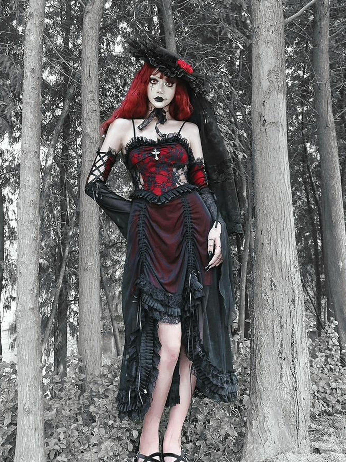 BLOOD SUPPLY Gothic Black Red Drawstring Ruffled V-neck Women's Polyester Slip Midi Dresses