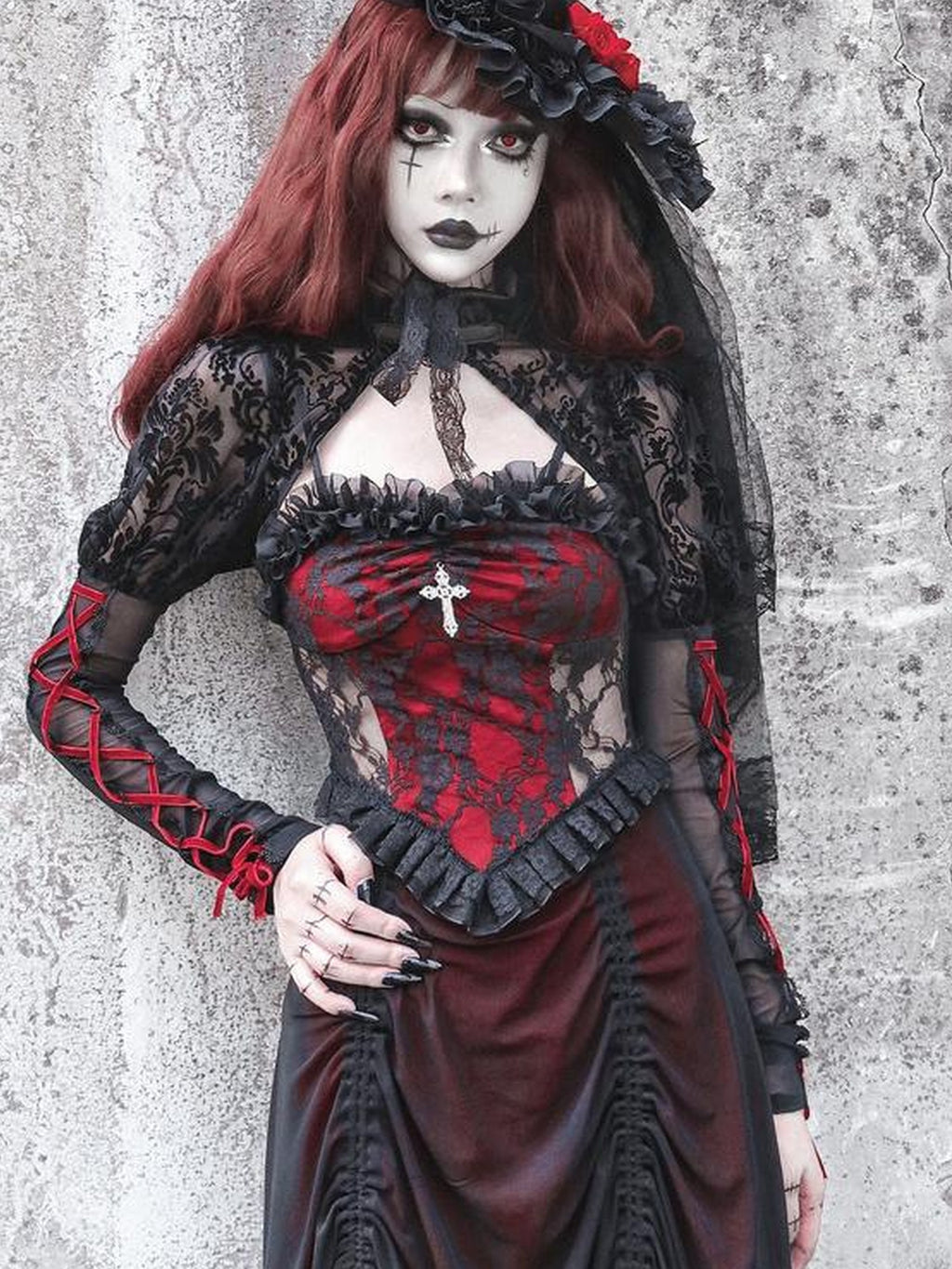 BLOOD SUPPLY Gothic Black Red Drawstring Ruffled V-neck Women's Polyester Slip Midi Dresses