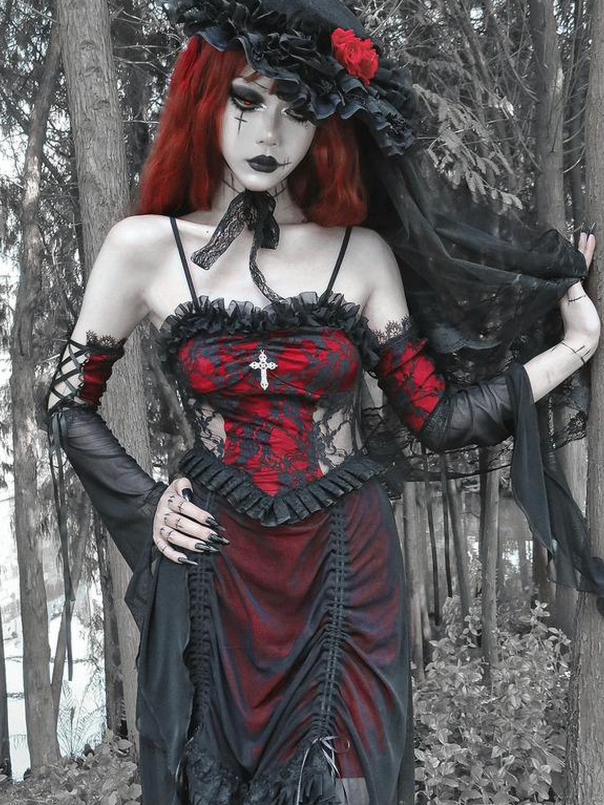 BLOOD SUPPLY Gothic Black Red Drawstring Ruffled V-neck Women's Polyester Slip Midi Dresses
