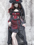 BLOOD SUPPLY Gothic Black Red Drawstring Ruffled V-neck Women's Polyester Slip Midi Dresses