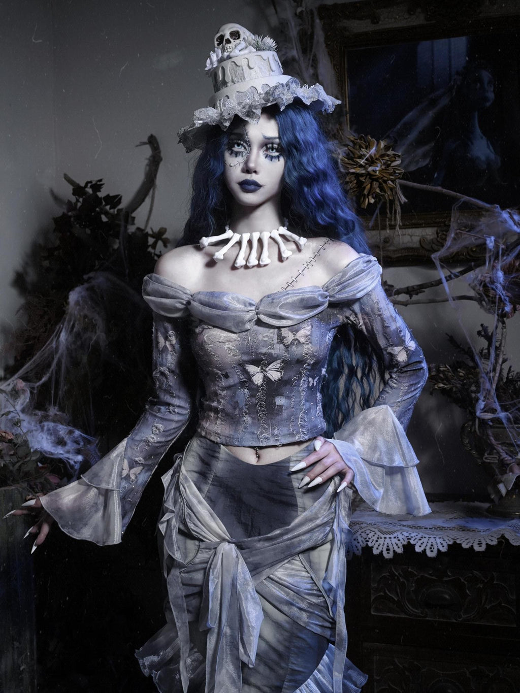 BLOOD SUPPLY Gothic Butterfly Distressed Off Shoulder Women's Polyester Crop Tops