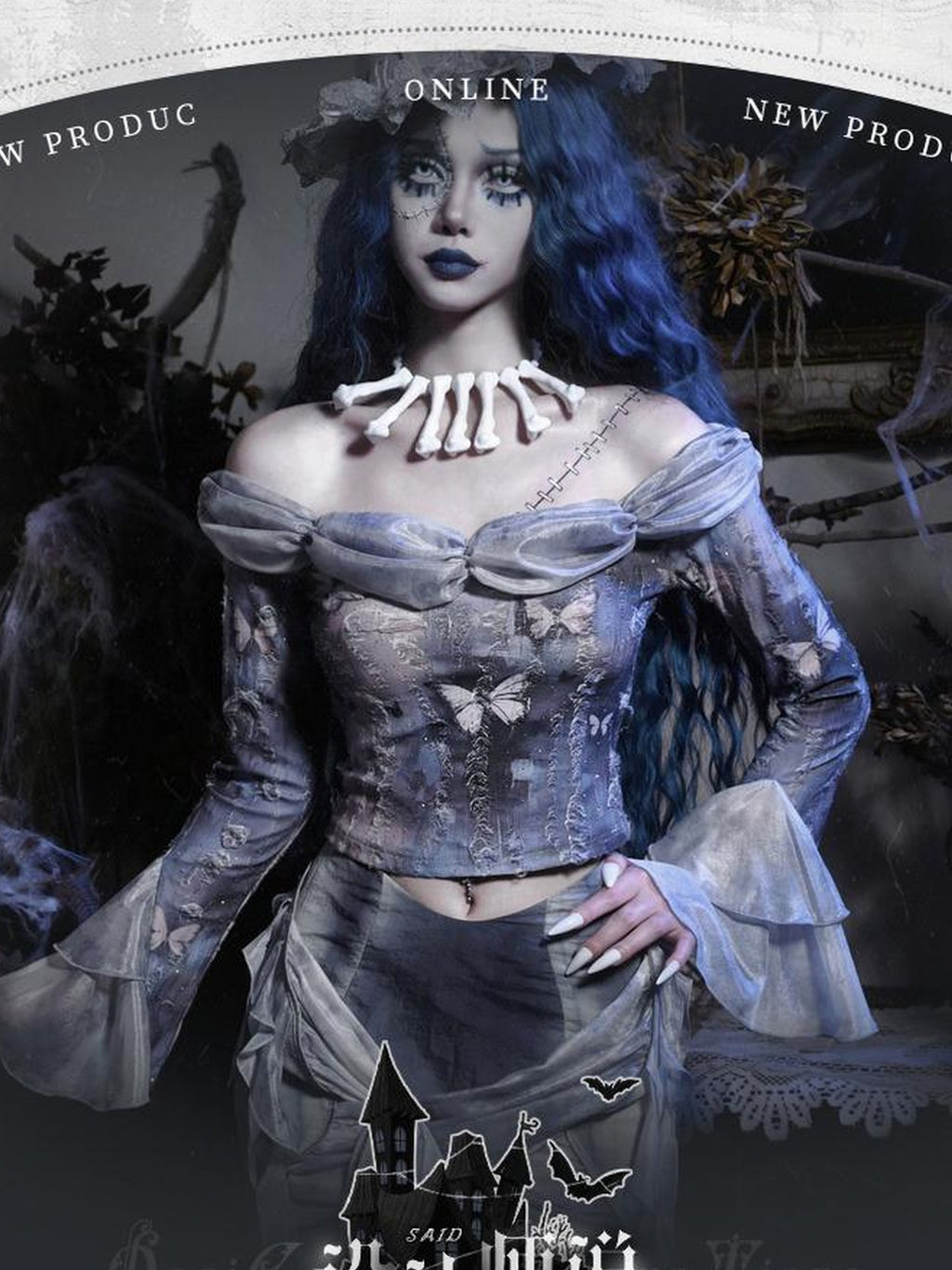 BLOOD SUPPLY Gothic Butterfly Distressed Off Shoulder Women's Polyester Crop Tops