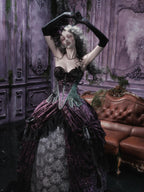 BLOOD SUPPLY Gothic Dark Purple Embroidered Low Rise Puff Women's Polyester Maxi Skirts