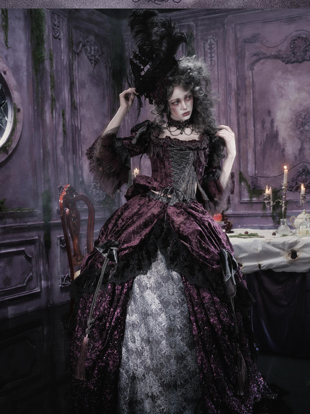 BLOOD SUPPLY Gothic Dark Purple Embroidered Low Rise Puff Women's Polyester Maxi Skirts