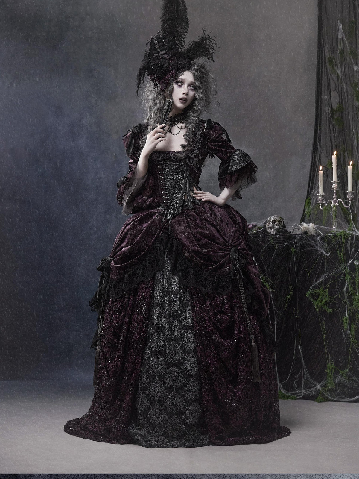 BLOOD SUPPLY Gothic Dark Purple Embroidered Low Rise Puff Women's Polyester Maxi Skirts