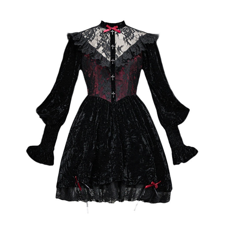 BLOOD_SUPPLY_Gothic_Dark_Red_Drawstring_Velvet_Puff_Sleeve_Lace_Women's_Midi_Dresses_685042170975_MISSTT