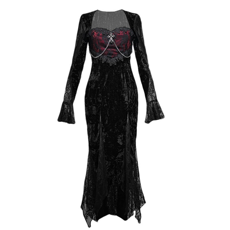 BLOOD_SUPPLY_Gothic_Dark_Red_Lace_Velvet_Mermaid_High_Waist_Women's_Casual_Maxi_Dresses_685041846824_MISSTT