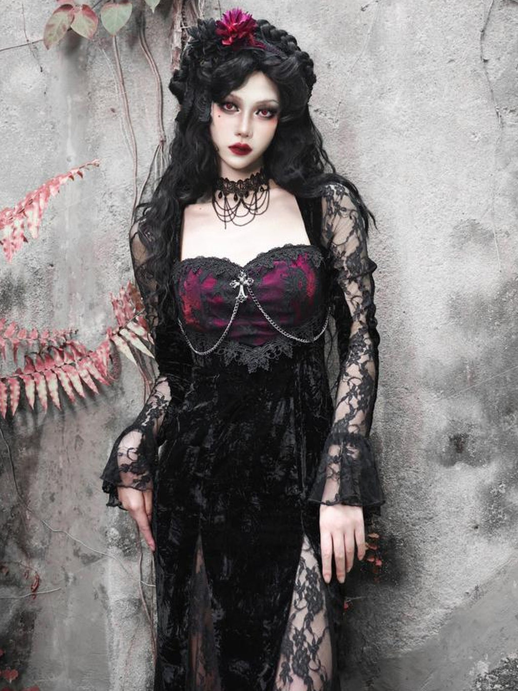 BLOOD SUPPLY Gothic Dark Red Lace Velvet Mermaid High Waist Women's Casual Maxi Dresses