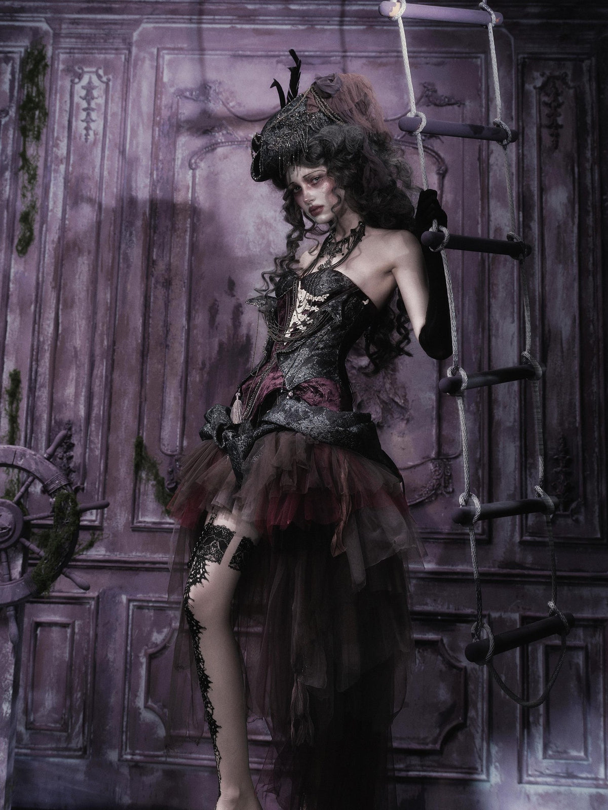 BLOOD SUPPLY Gothic Dark Sheer Mesh Asymmetric Puff Low Waist Polyester Women's Midi Skirts
