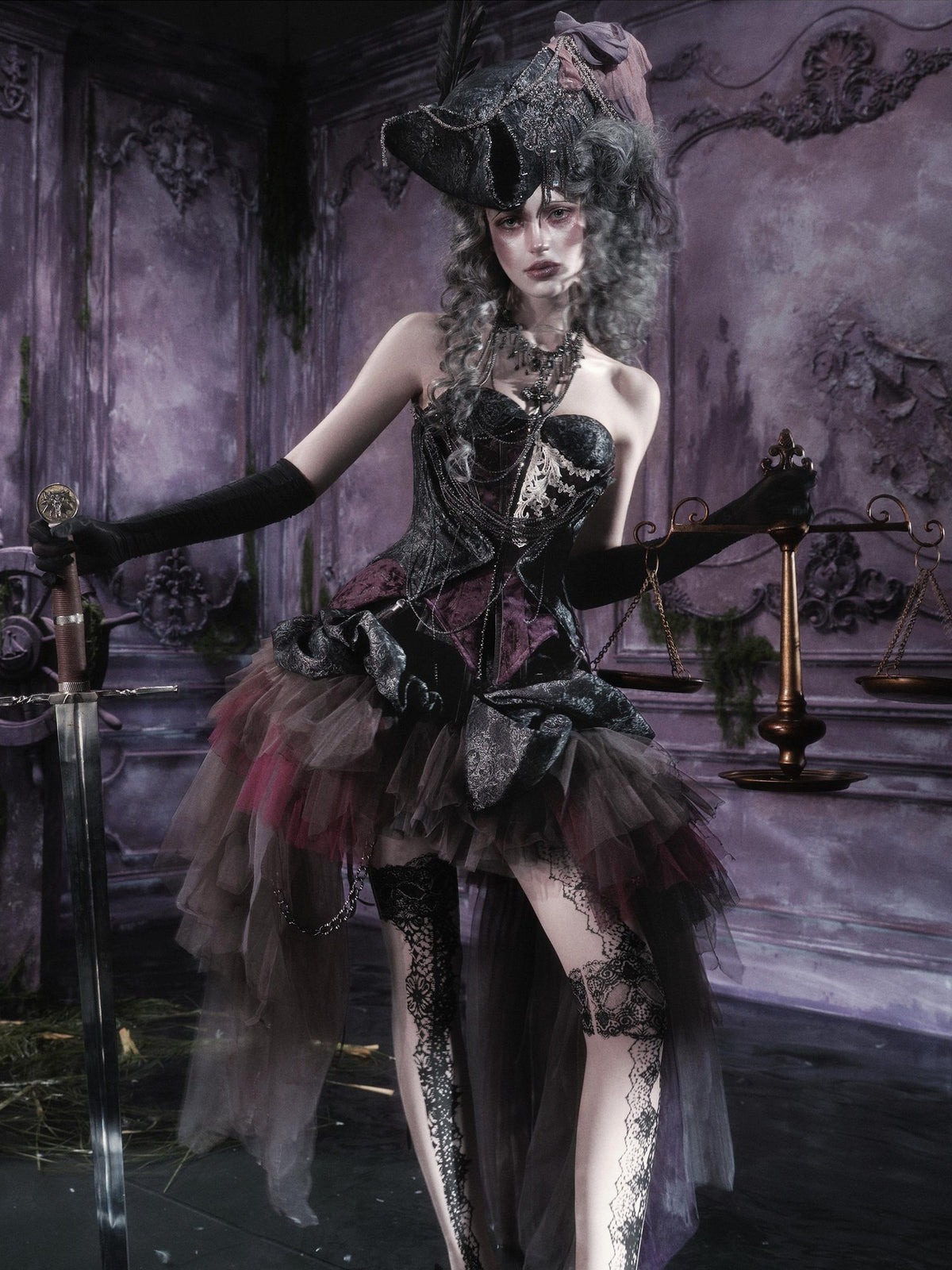 BLOOD SUPPLY Gothic Dark Sheer Mesh Asymmetric Puff Low Waist Polyester Women's Midi Skirts