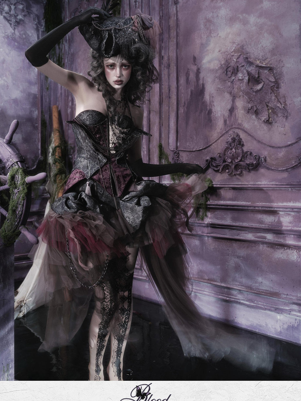 BLOOD SUPPLY Gothic Dark Sheer Mesh Asymmetric Puff Low Waist Polyester Women's Midi Skirts