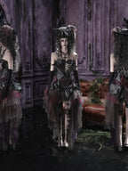 BLOOD SUPPLY Gothic Dark Sheer Mesh Asymmetric Puff Low Waist Polyester Women's Midi Skirts