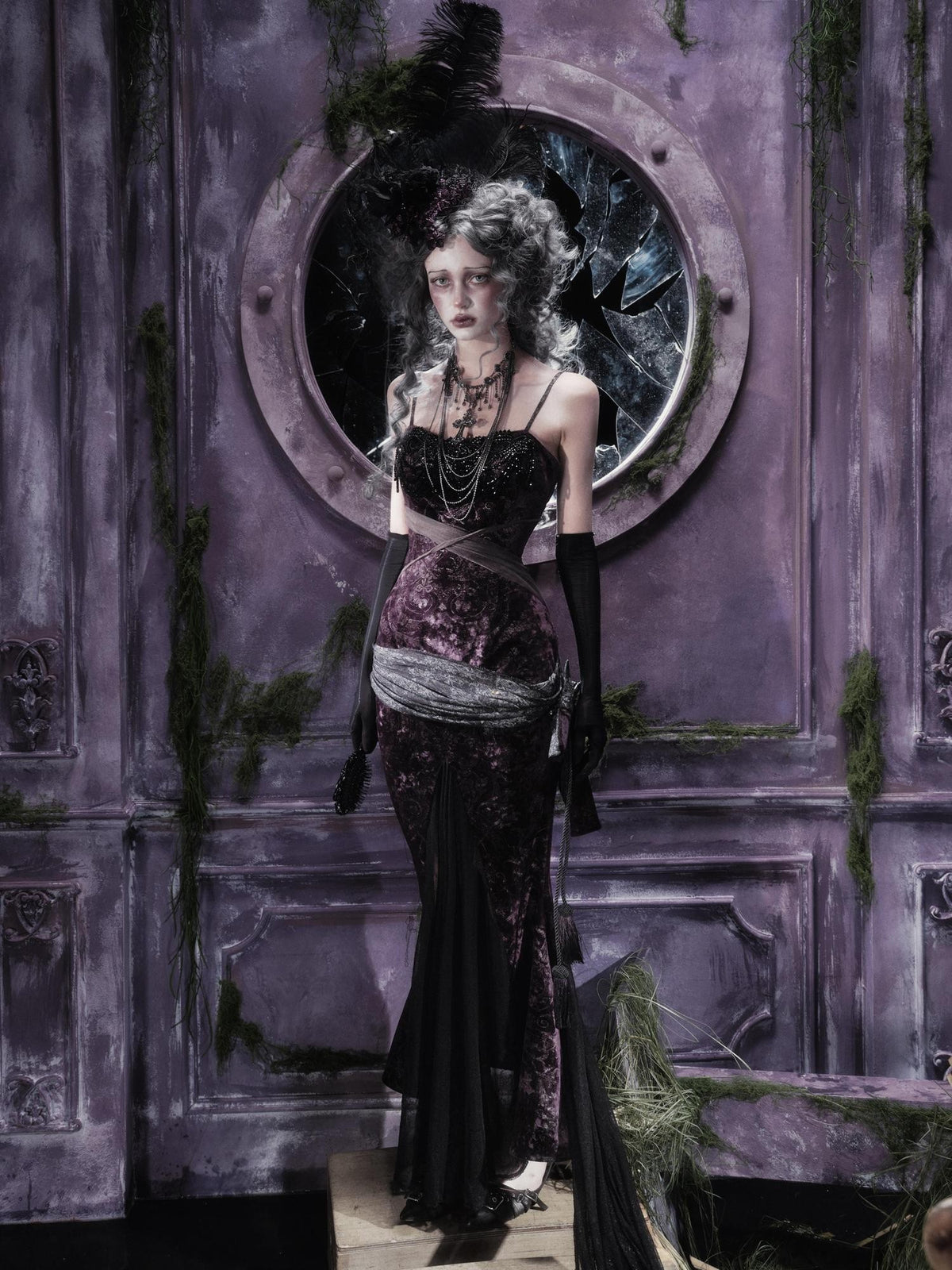 BLOOD SUPPLY Gothic Dark Velvet Mermaid Women's Polyester Slip Maxi Dresses