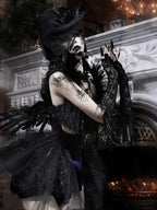 BLOOD SUPPLY Gothic Embroidered Rhinestone Black Feather Bubble Sleeve Women's Mesh Slip Mini Dresses