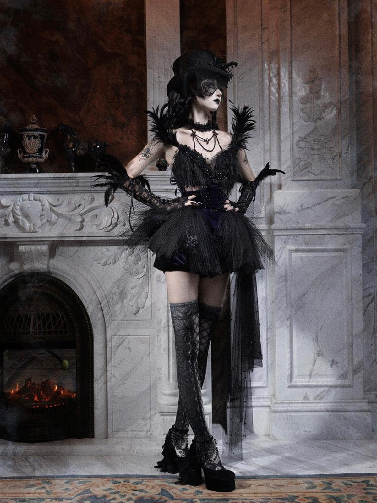 BLOOD SUPPLY Gothic Embroidered Rhinestone Black Feather Bubble Sleeve Women's Mesh Slip Mini Dresses