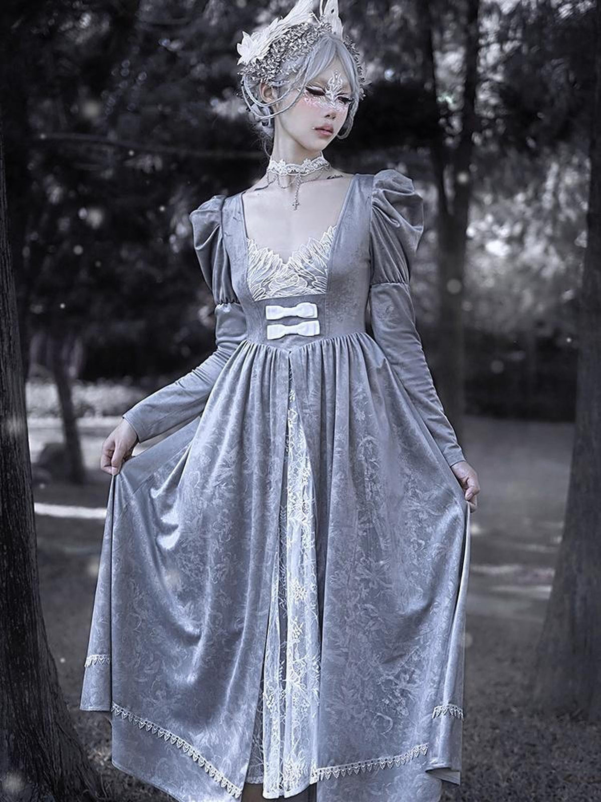 BLOOD SUPPLY Gothic Embroidered Velvet Puff Sleeve V-neck Women's Casual Maxi Dresses