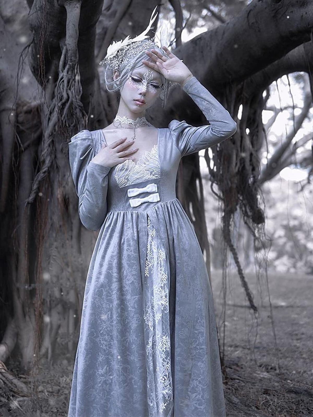 BLOOD SUPPLY Gothic Embroidered Velvet Puff Sleeve V-neck Women's Casual Maxi Dresses