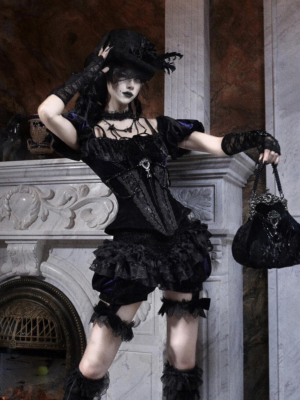 BLOOD SUPPLY Gothic Lace Detachable Leg Loop Low Rise Velvet Satin Women's Skorts