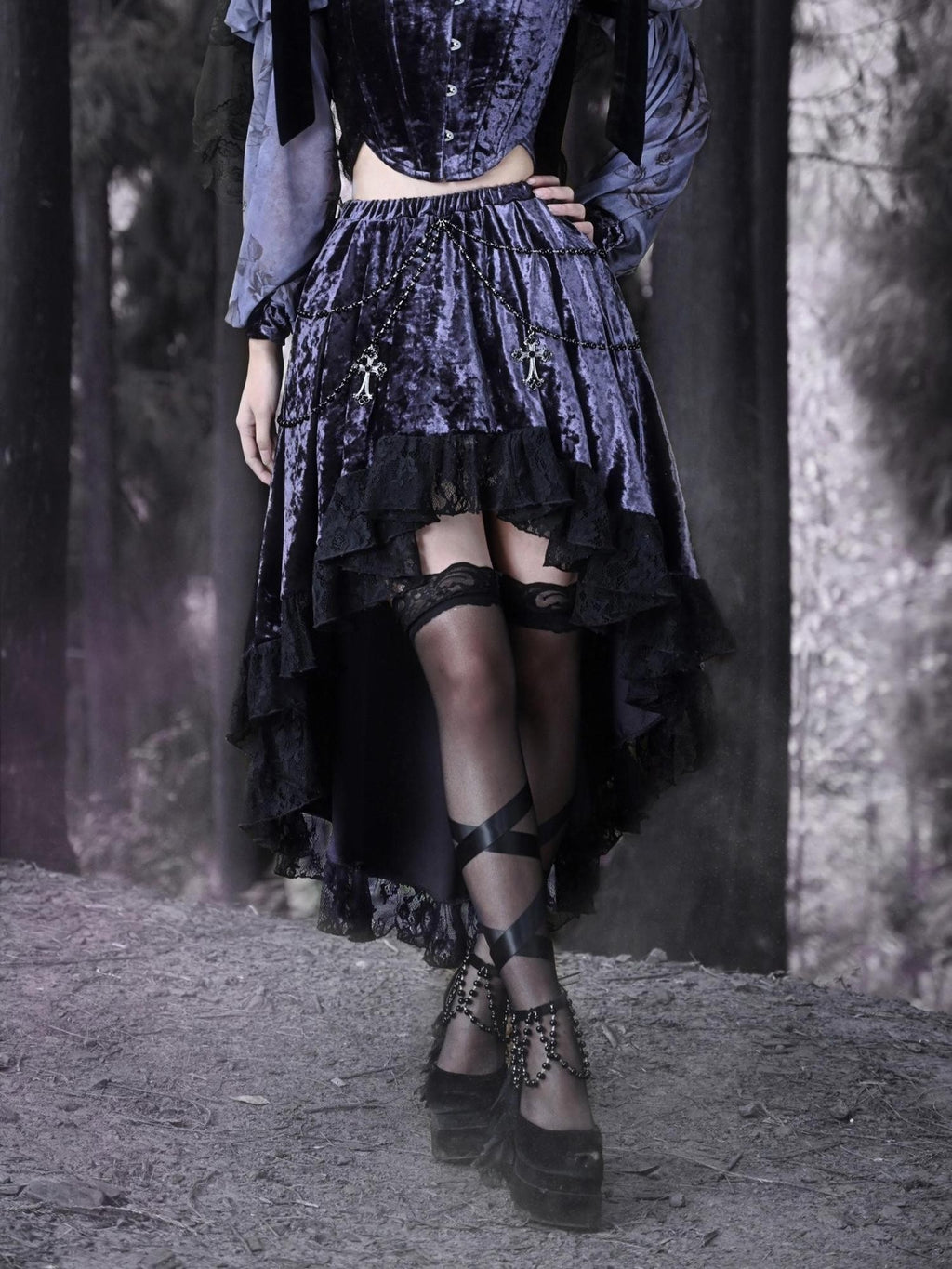 BLOOD SUPPLY Gothic Lace Velvet Beaded Chain Asymmetric Midi Skirts Women's