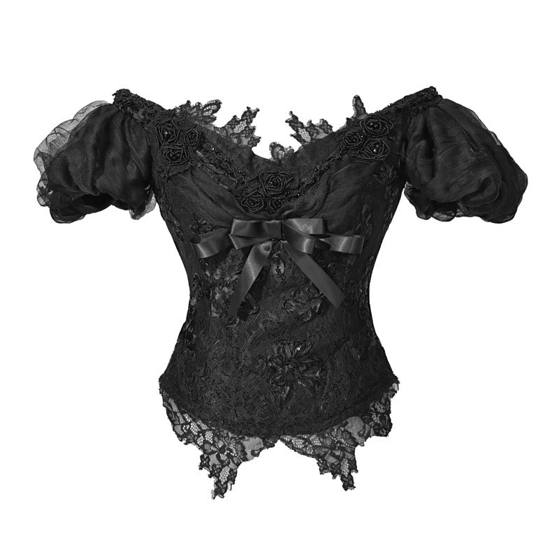 BLOOD_SUPPLY_Gothic_Off_Shoulder_Puff_Sleeve_Mesh_Bow_Women's_T-shirts_978276046616_MISSTT