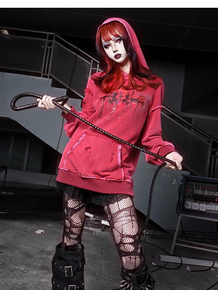 BLOOD SUPPLY Gothic Print Distressed Ripped Long Sleeve Women's Cotton Hoodies