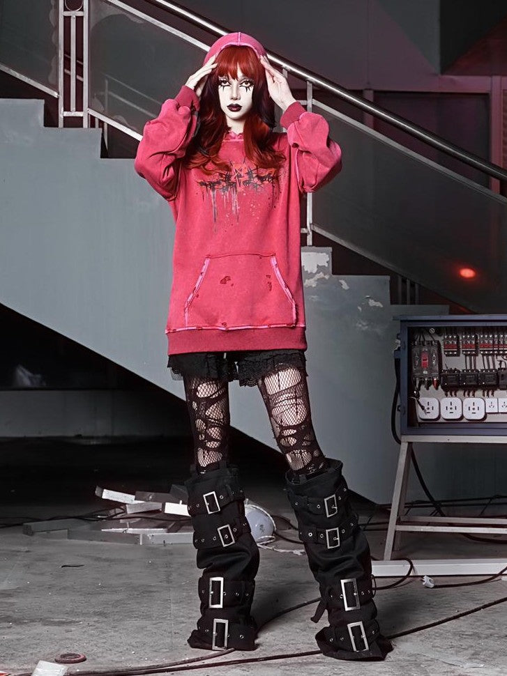BLOOD SUPPLY Gothic Print Distressed Ripped Long Sleeve Women's Cotton Hoodies