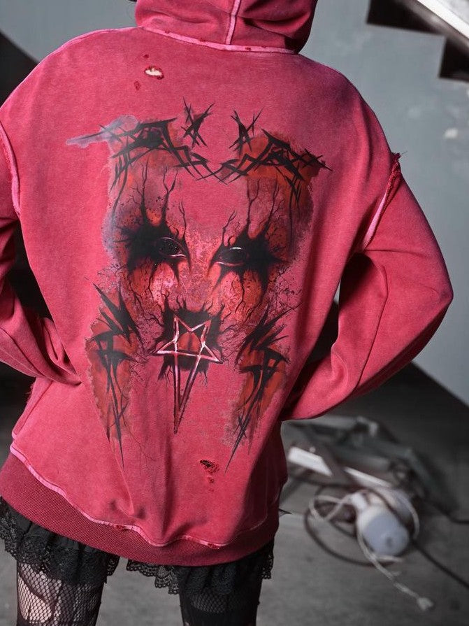 BLOOD SUPPLY Gothic Print Distressed Ripped Long Sleeve Women's Cotton Hoodies