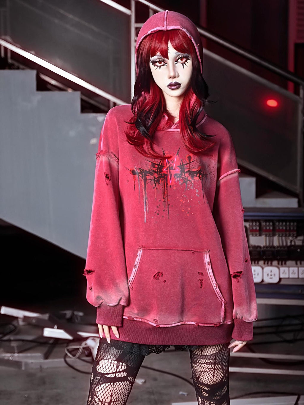 BLOOD SUPPLY Gothic Print Distressed Ripped Long Sleeve Women's Cotton Hoodies
