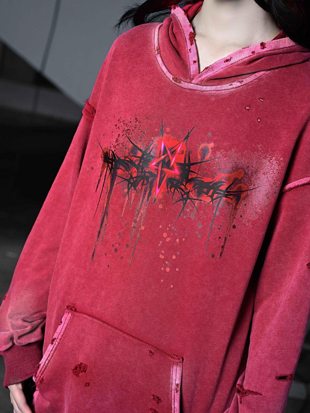 BLOOD SUPPLY Gothic Print Distressed Ripped Long Sleeve Women's Cotton Hoodies