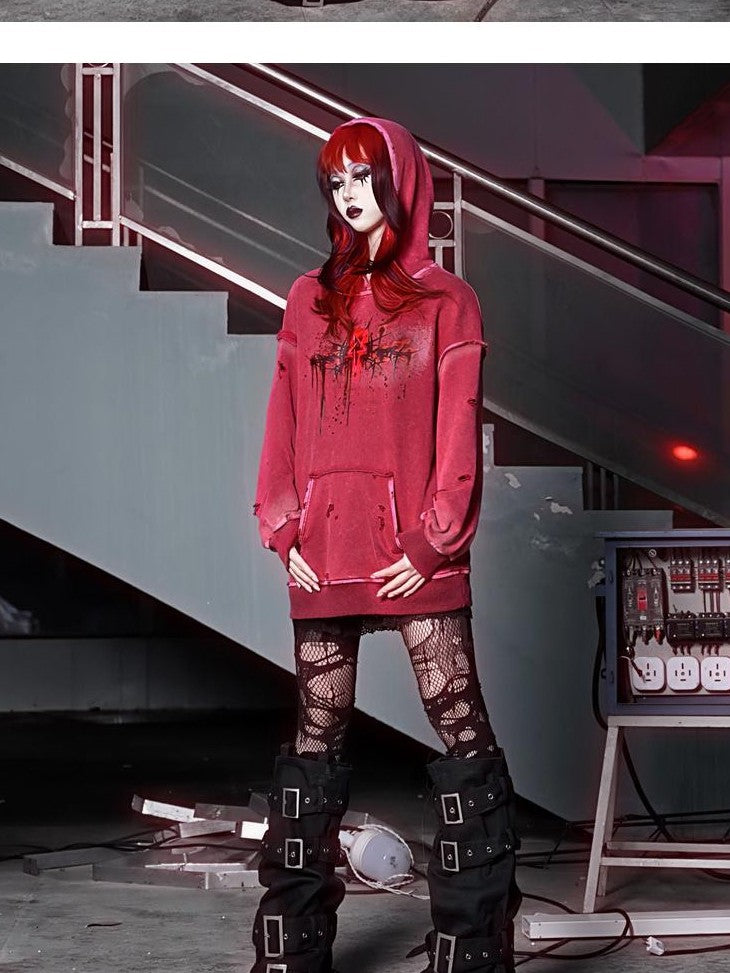 BLOOD SUPPLY Gothic Print Distressed Ripped Long Sleeve Women's Cotton Hoodies