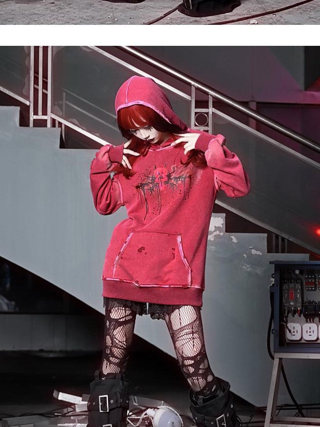 BLOOD SUPPLY Gothic Print Distressed Ripped Long Sleeve Women's Cotton Hoodies
