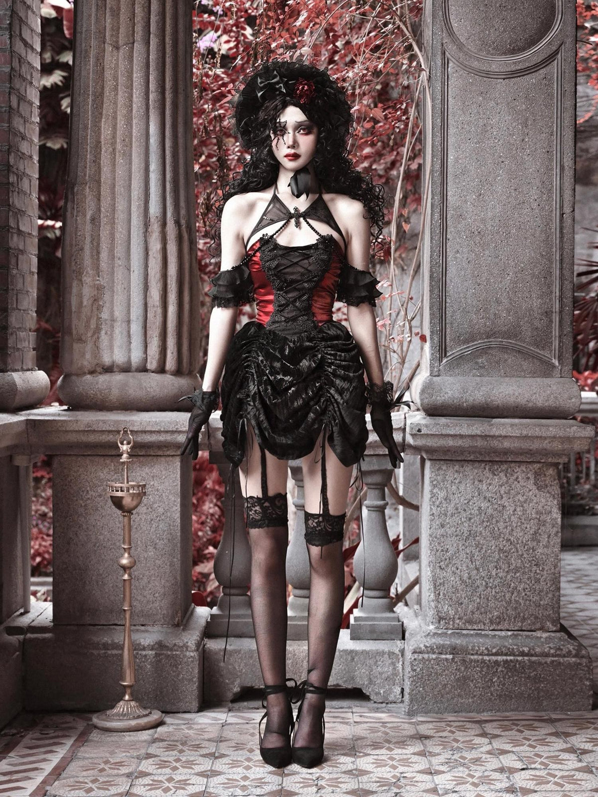 BLOOD SUPPLY Gothic Velvet Lace Up Halter H Line Women's Slip Mini Dresses