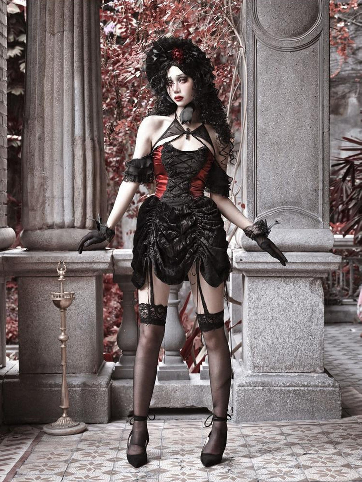 BLOOD SUPPLY Gothic Velvet Lace Up Halter H Line Women's Slip Mini Dresses