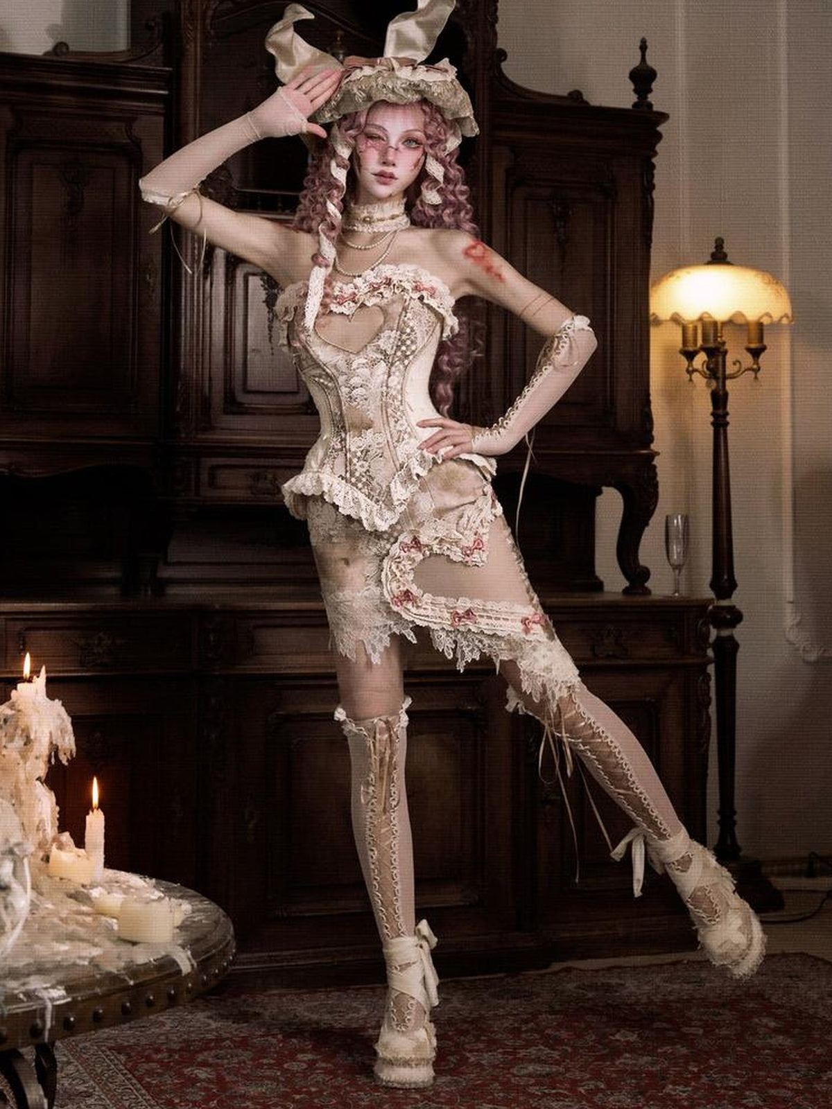 BLOOD SUPPLY Lace Bow Corset Style Rococo Fitted Women's Mesh Tube Tops