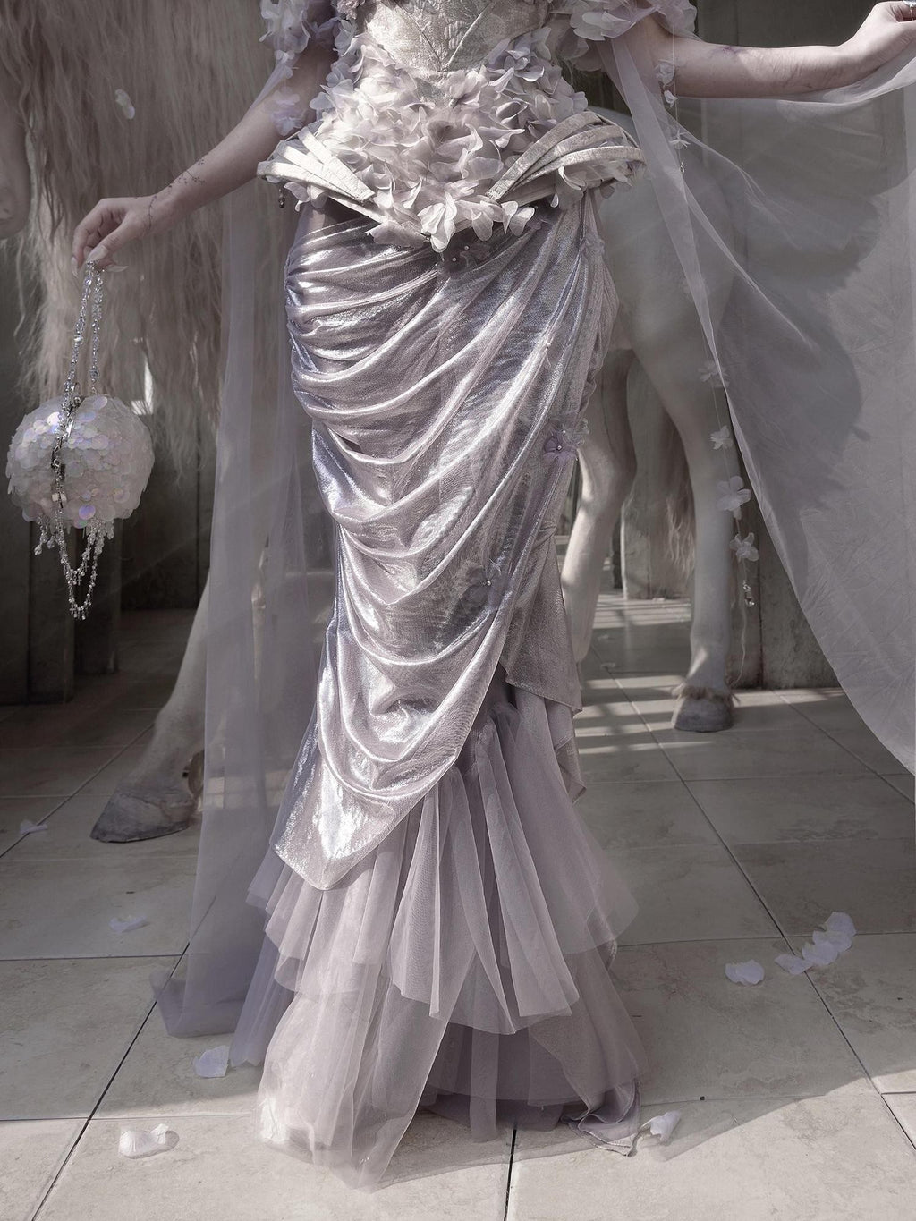 BLOOD SUPPLY Silver Foil Mermaid Pleated Women's Polyester Maxi Skirts