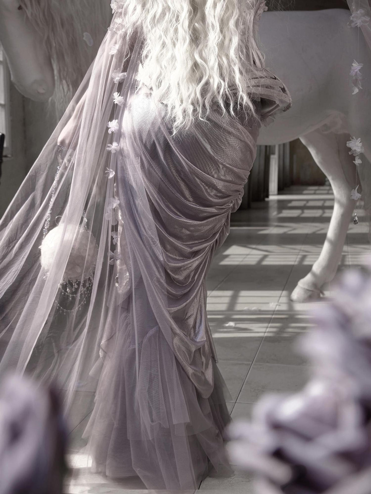 BLOOD SUPPLY Silver Foil Mermaid Pleated Women's Polyester Maxi Skirts