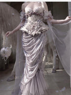 BLOOD SUPPLY Silver Foil Mermaid Pleated Women's Polyester Maxi Skirts