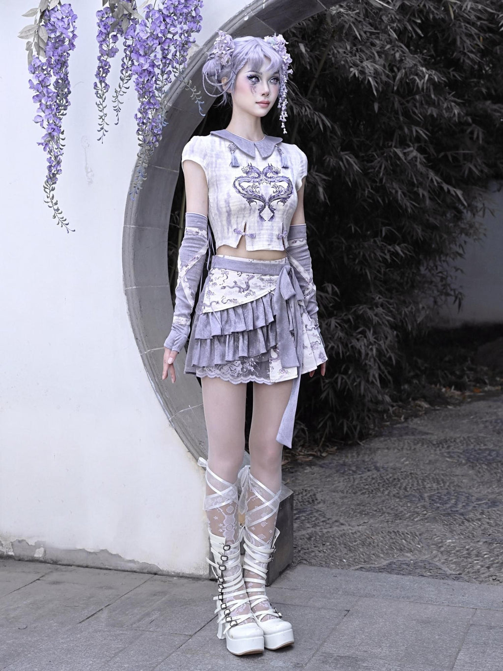 BLOOD SUPPLY Sleeveless Printed Knit Dragon Motif Women's Polyester Crop Tops